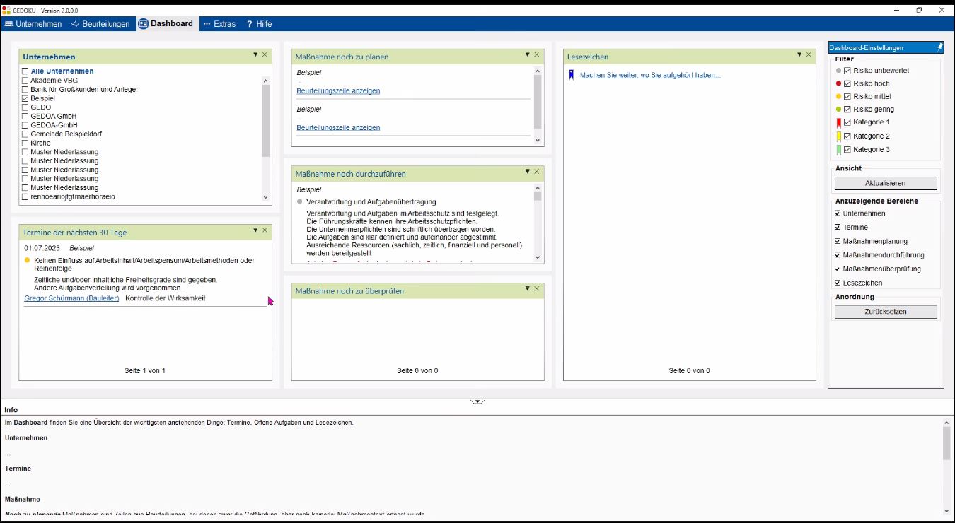 Ein Bild des neuen GEDOKU 2.0-Dashboard, auf dem man Unternehmen, Termine, Maßnahmen und Lesezeichen in der Übersicht sieht.