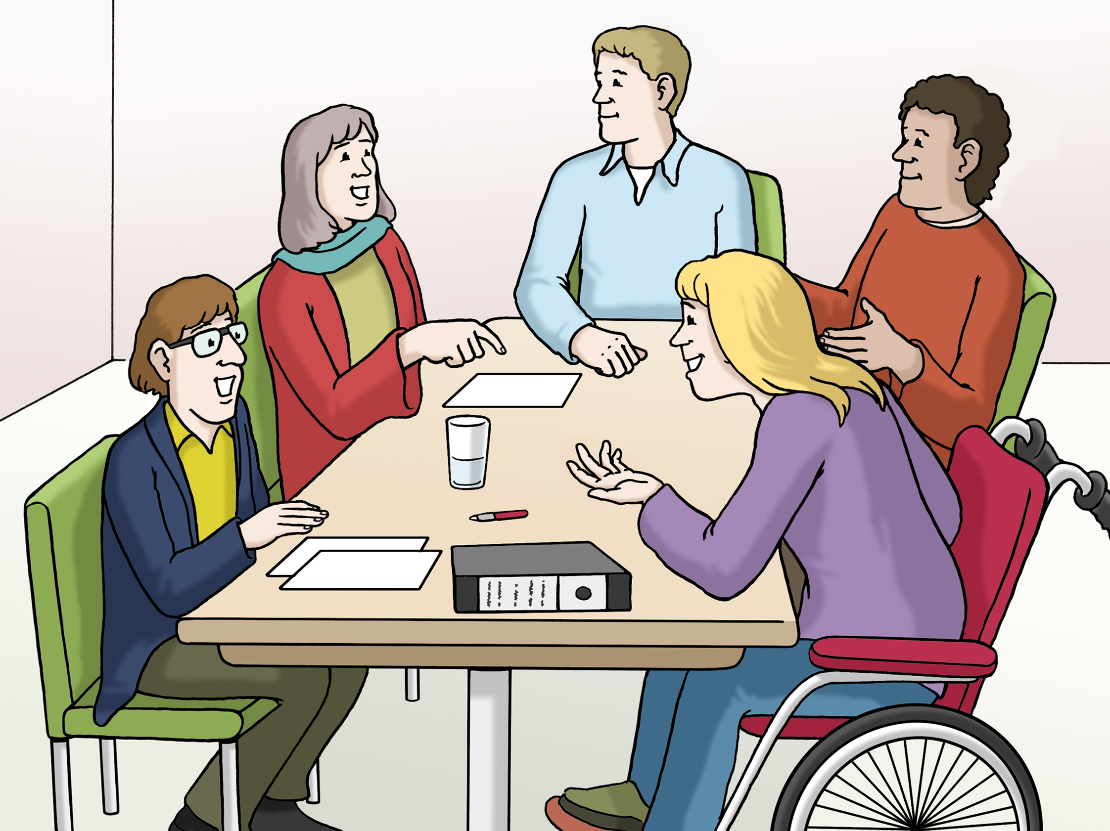 Illustration: Ein Team aus fünf Personen sitzt um einen Tisch herum und unterhält sich fröhlich angeregt.