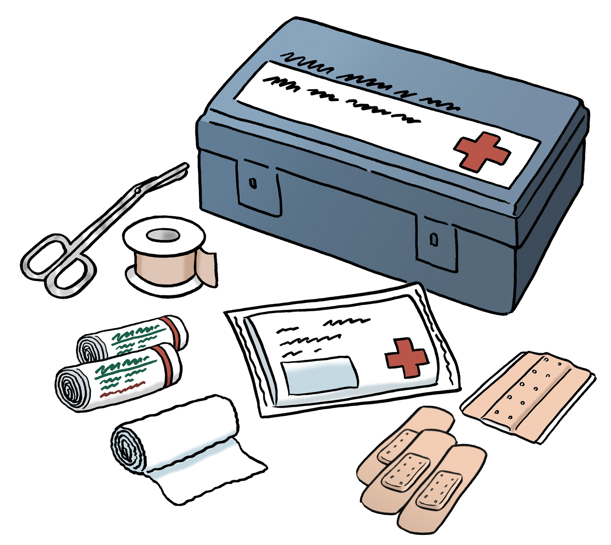 Illustration: Ausgepackter Erste-Hilfe-Kasten.