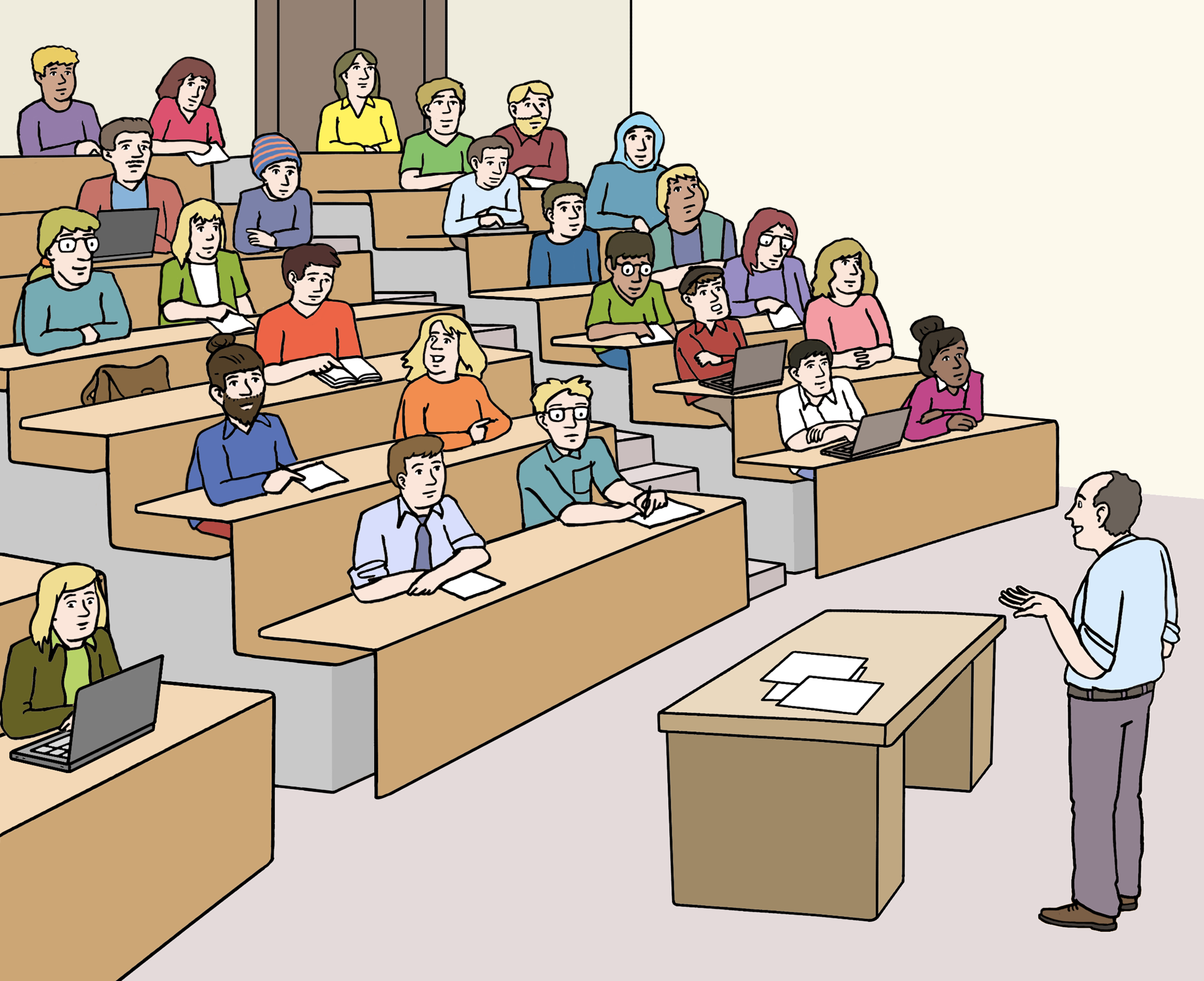 Ein Hörsaal mit Studierenden und einem Vortragenden.