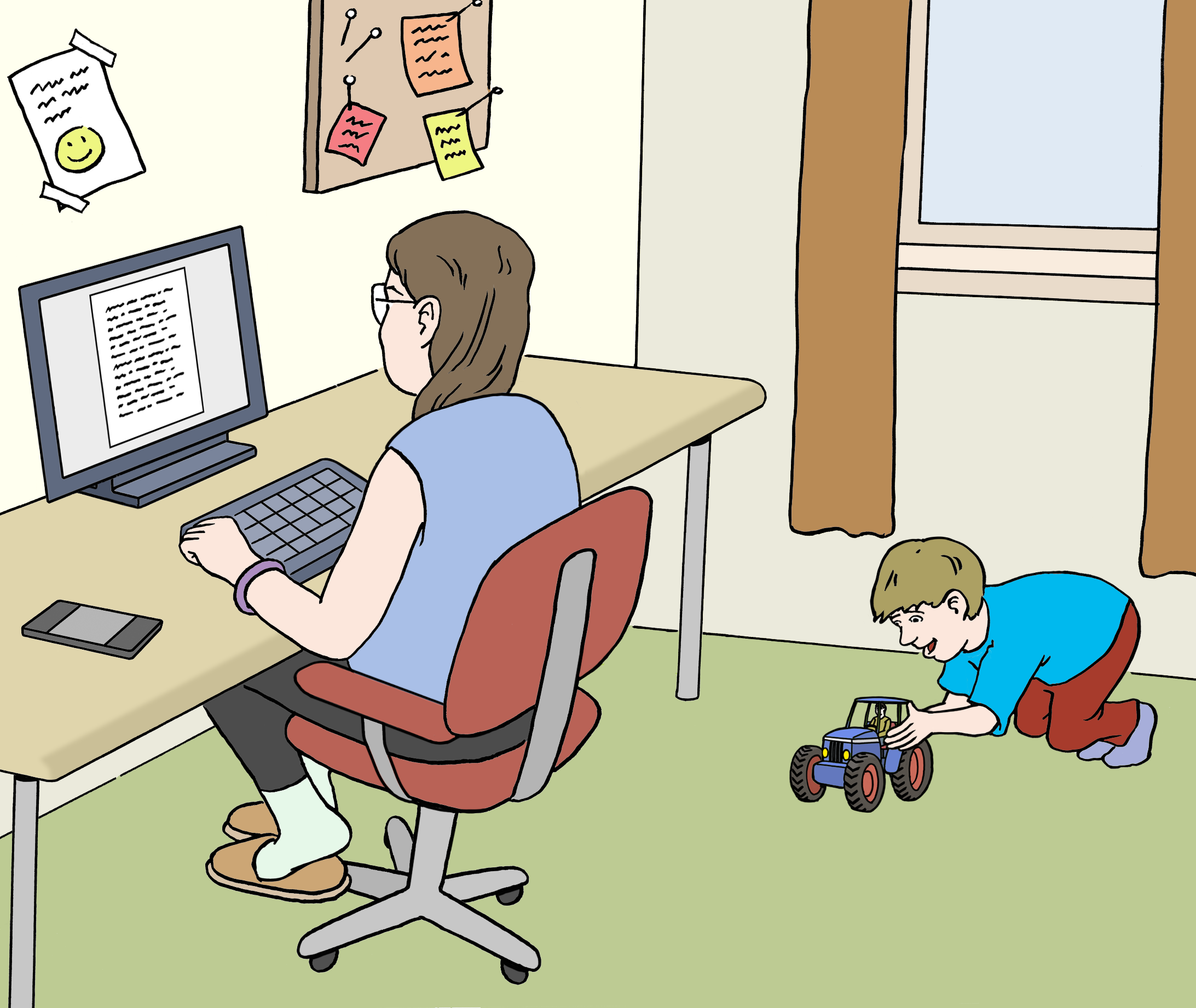 Illustration: Eine Person sitzt zu hause im Büro am Schreibtisch. Auf dem Boden neben ihr spielt ein Kind.