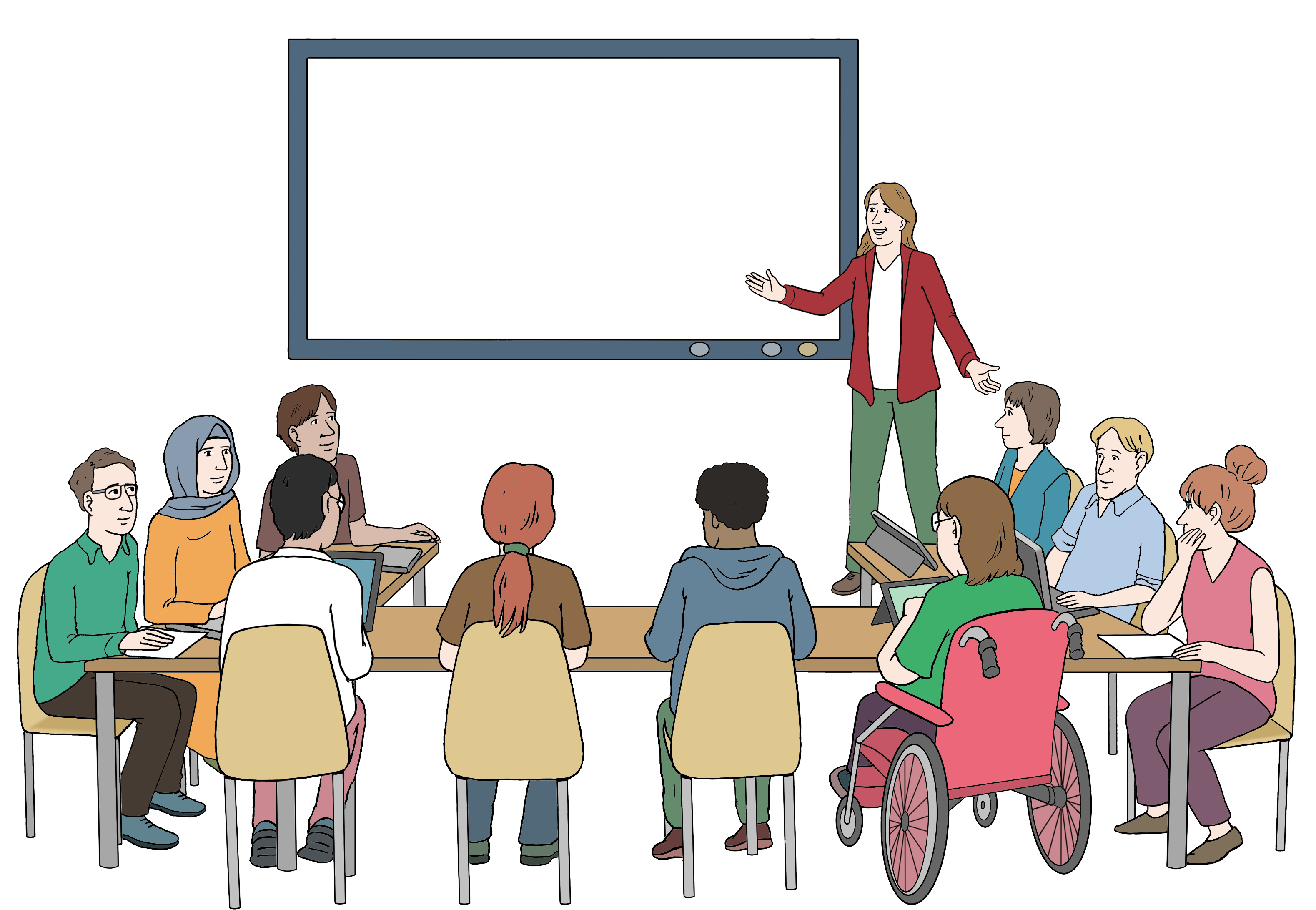 Illustration: Eine Gruppe Menschen sitzt in einem Weiterbildungskurs. Die Menschen sitzen im Halbkreis vor eine Tafel, an der die Kursleiterin steht.