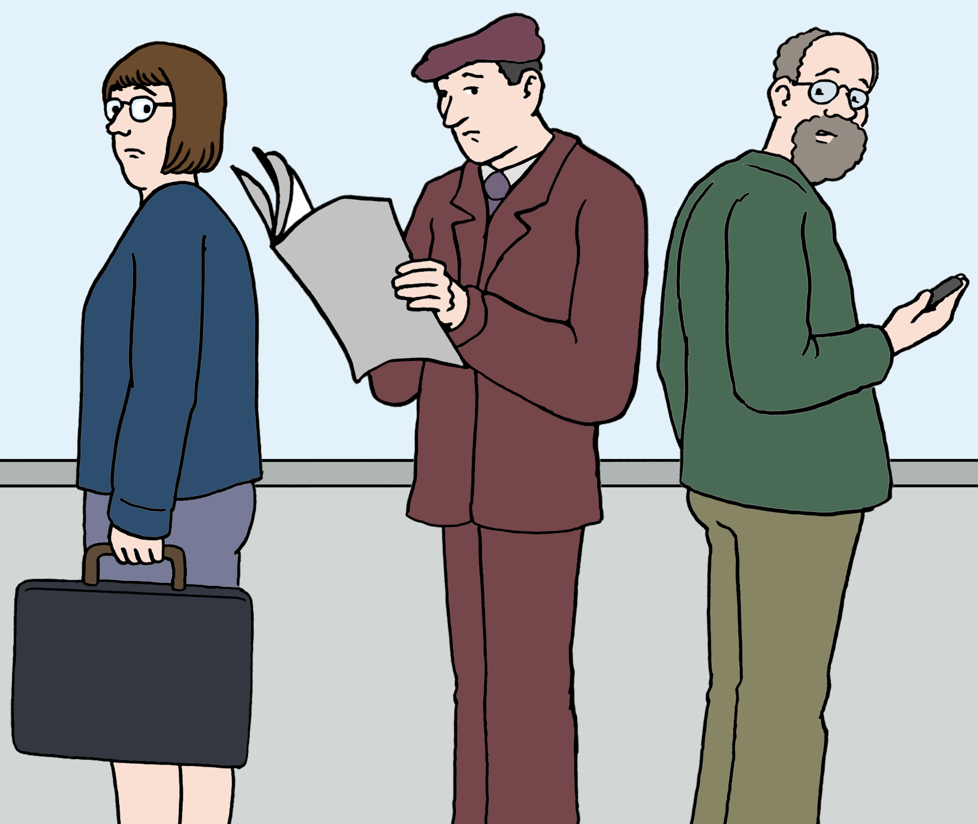 wartende Menschen mit Zeitung, Telefon und Koffer.