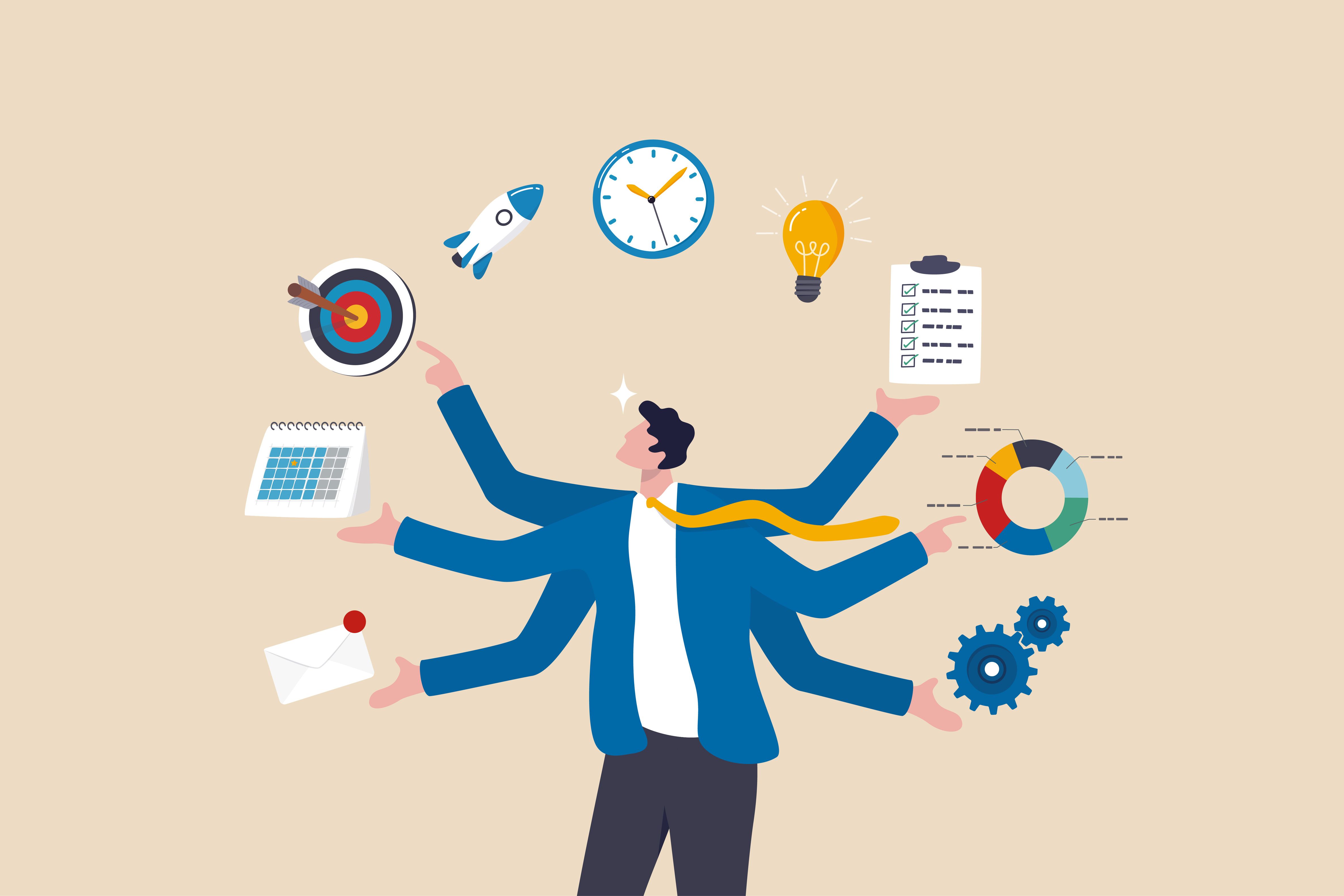 Eine Illustration eines multitaskingfähigen Mannes mit mehreren Armen, die verschiedene Objekte wie eine Zielscheibe, eine Rakete, eine Uhr, eine Glühbirne, ein Klemmbrett, ein Diagramm, Zahnräder, einen Kalender und einen Briefumschlag halten. Der Mann trägt einen blauen Anzug und eine gelbe Krawatte.