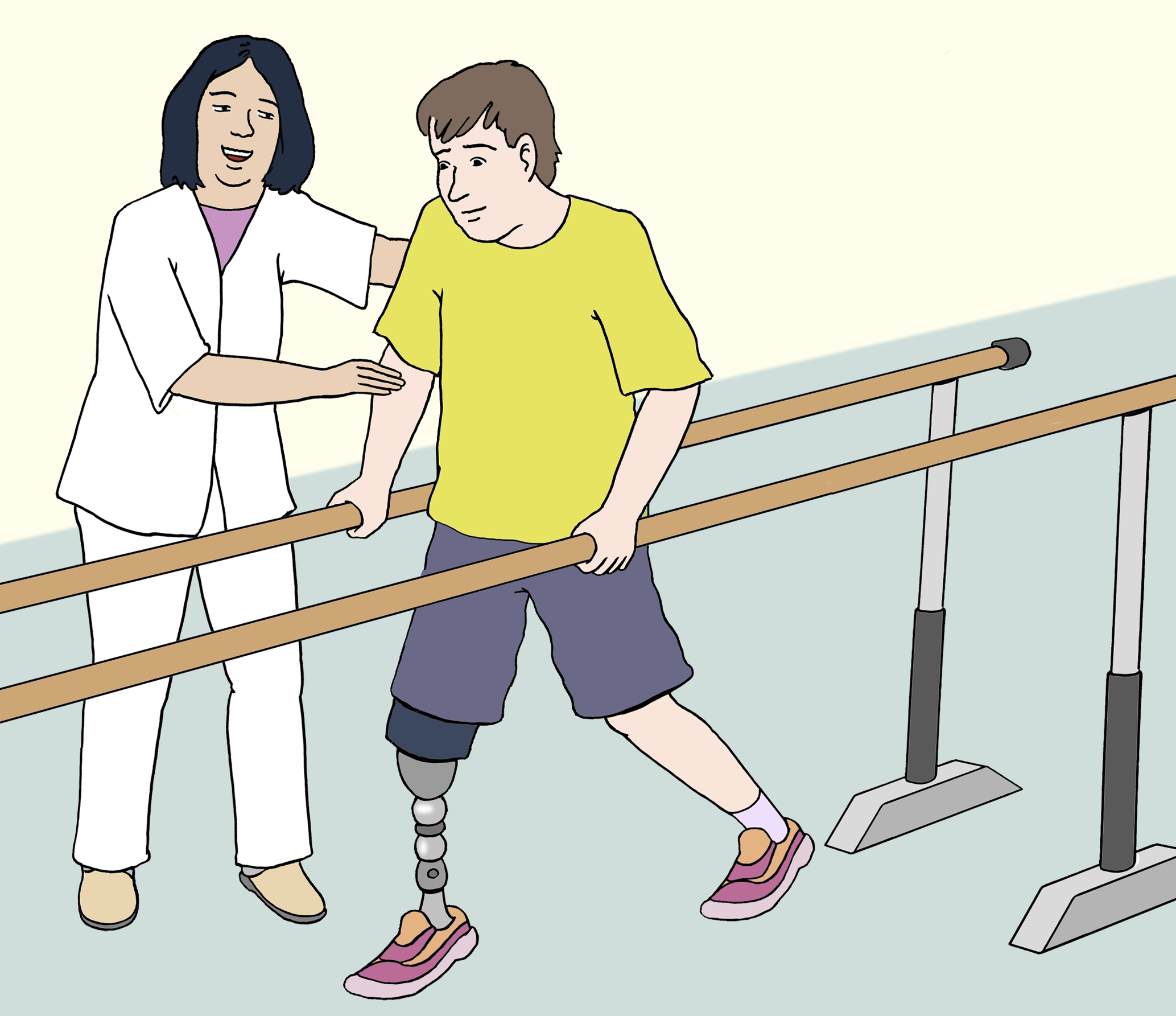 Illustration: Eine Person mit Prothese am rechten Bein geht an einem Geländer. Sie wird von einer Physiotherapeutin geführt.