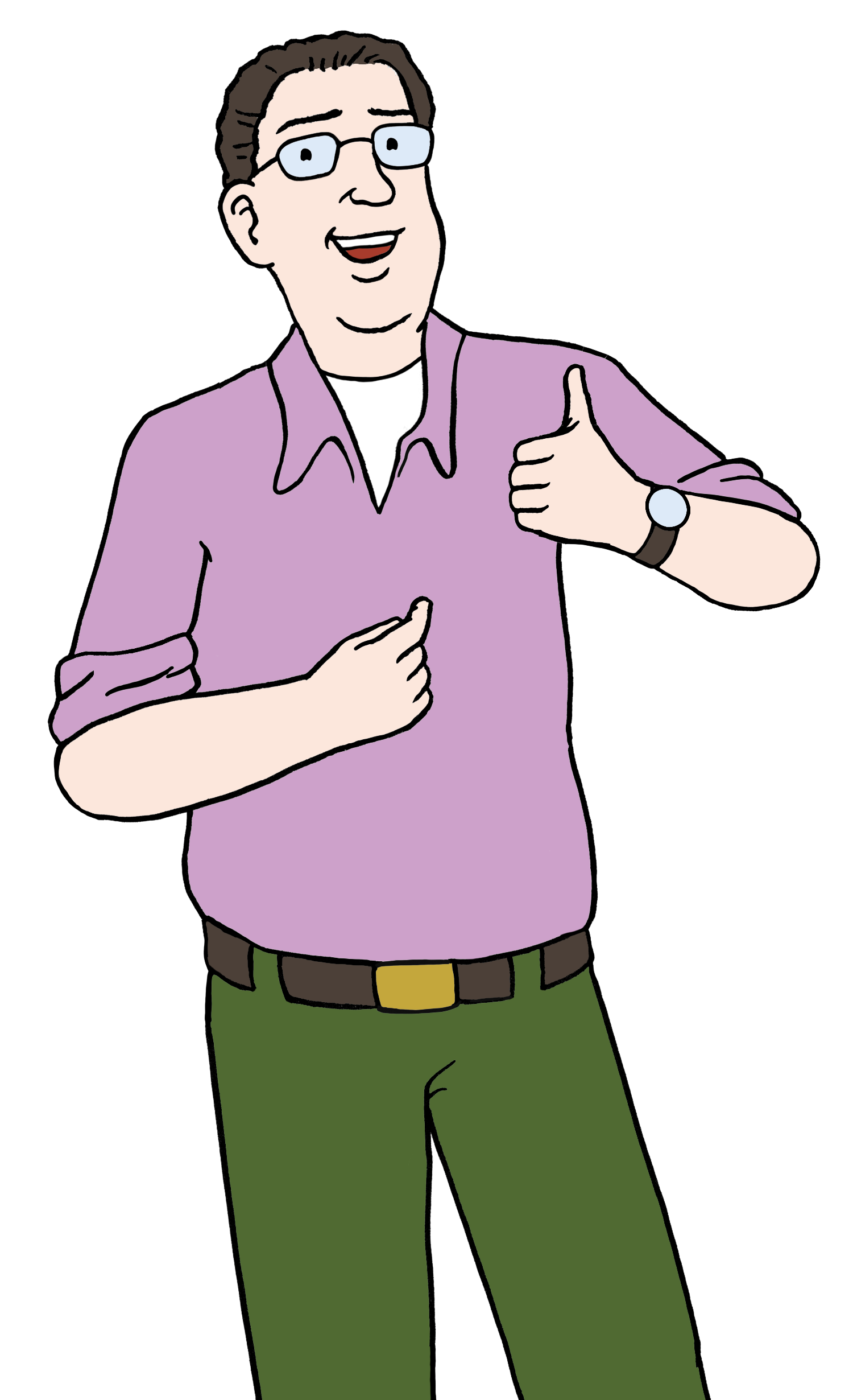 Illustration: Ein Mann mit lilafarbenem Hemd, grüner Hose und Brille lächelt in die Kamera und gibt mit seiner linken Hand einen "Daumen hoch".