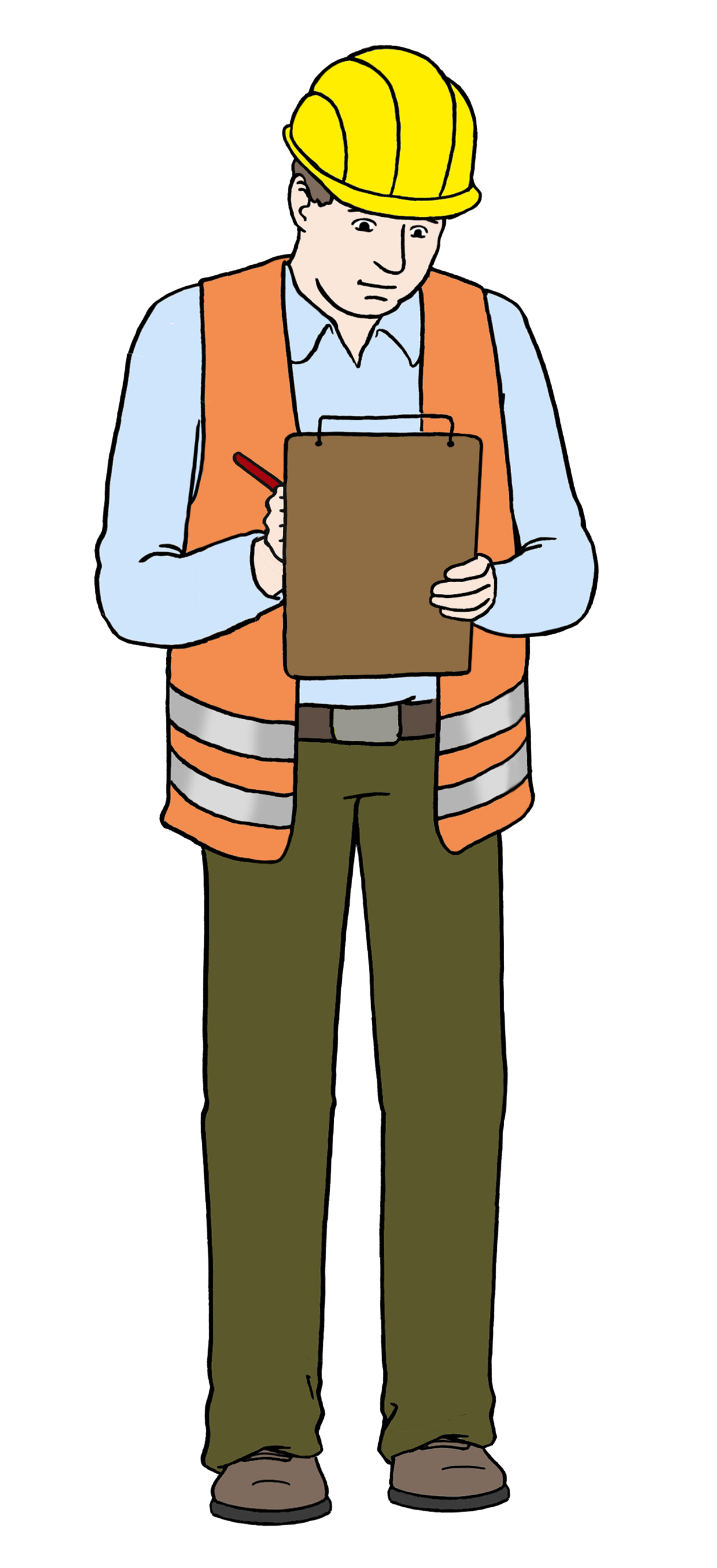 Illustration: Ein Mann mit Schutzhelm und Warnweste schreibt auf einem Klemmbrett.