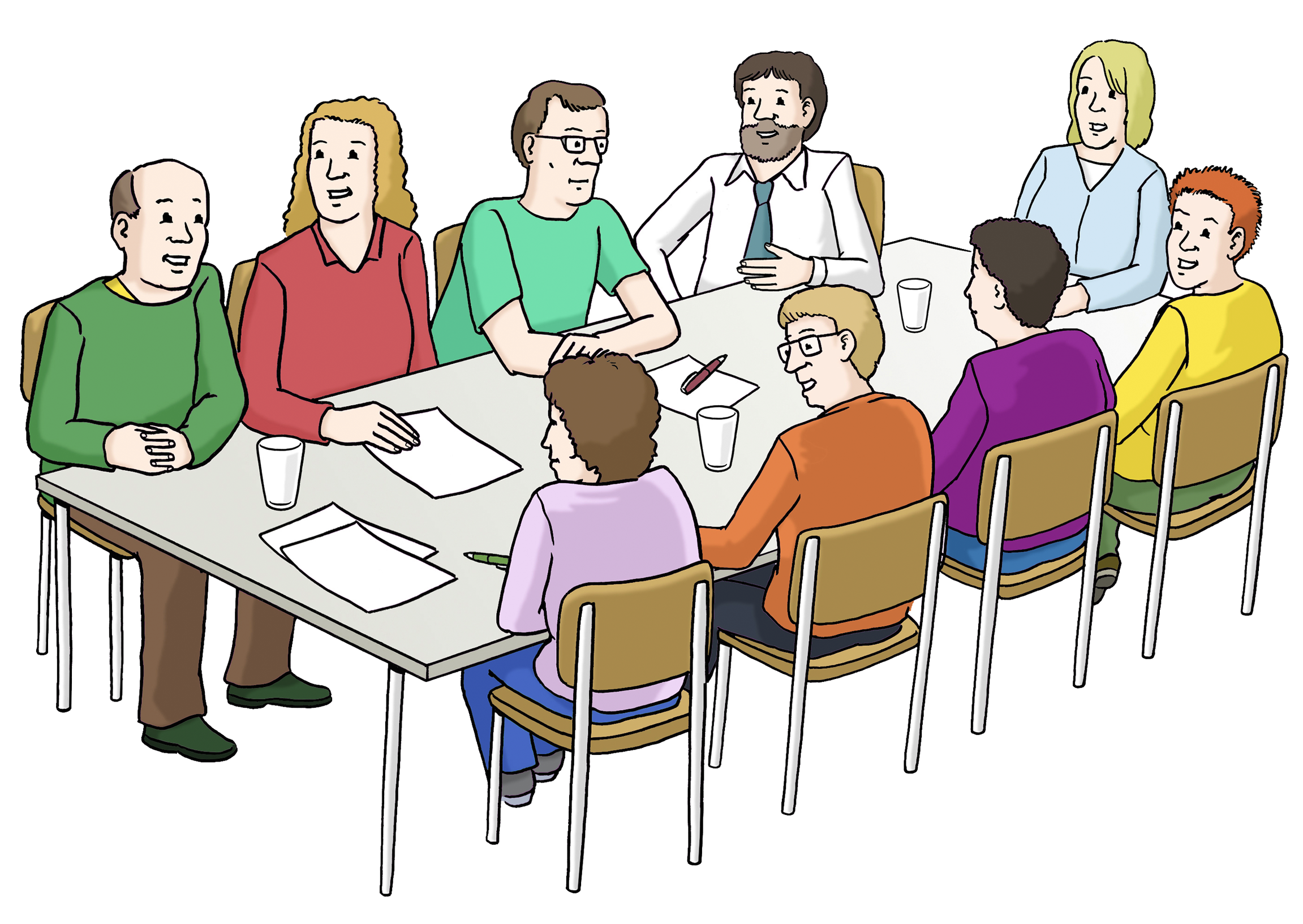 Eine Gruppe an Personen sitzt an einem Tisch. Auf dem Tisch liegen Zettel und Stifte. Sie haben eine Sitzung.