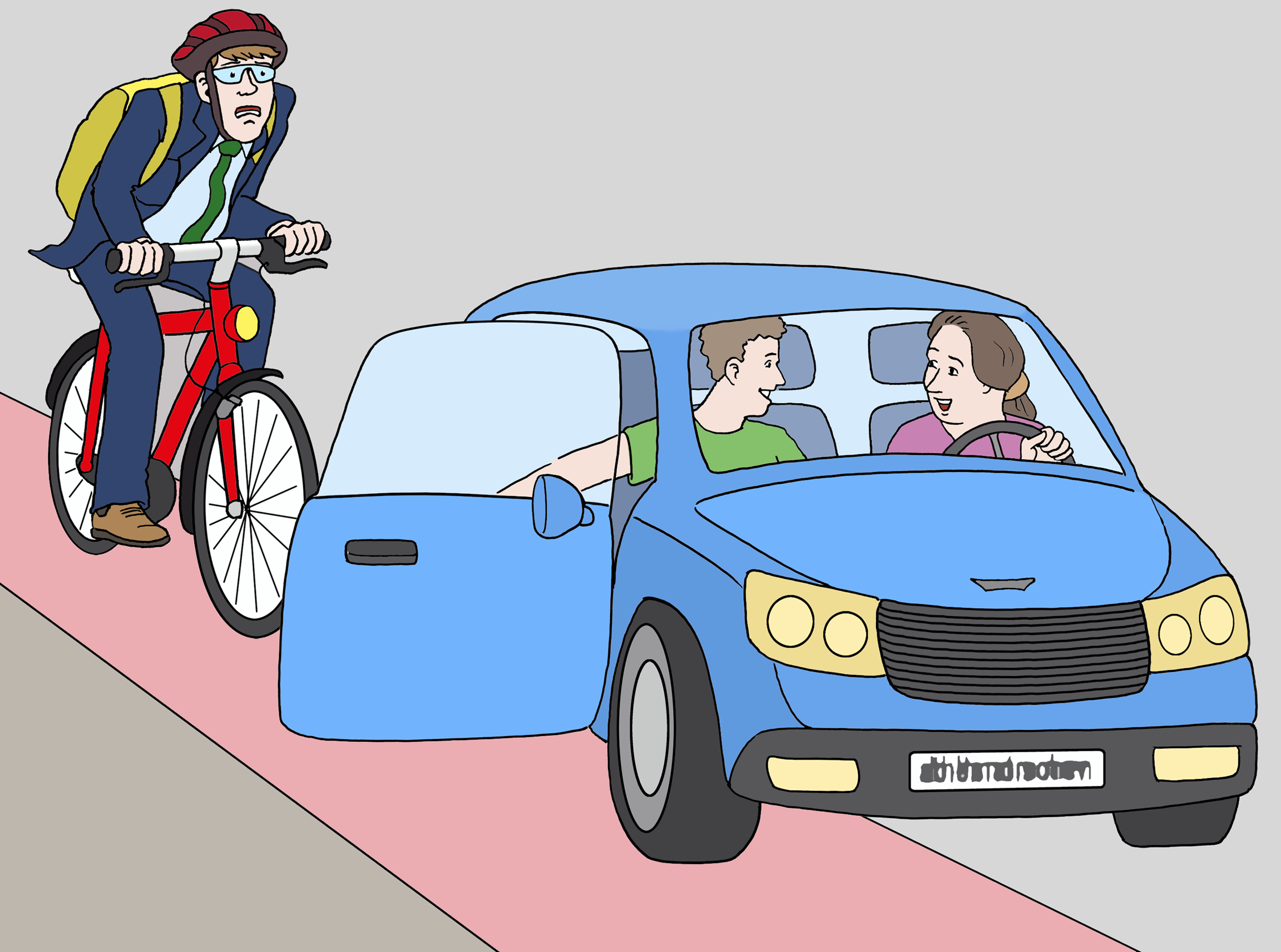 Illustration: Ein Fahrradfahrer fährt auf dem Radweg auf eine geöffnete Autotür zu. Er hat einen erschrockenen Gesichtsausdruck.