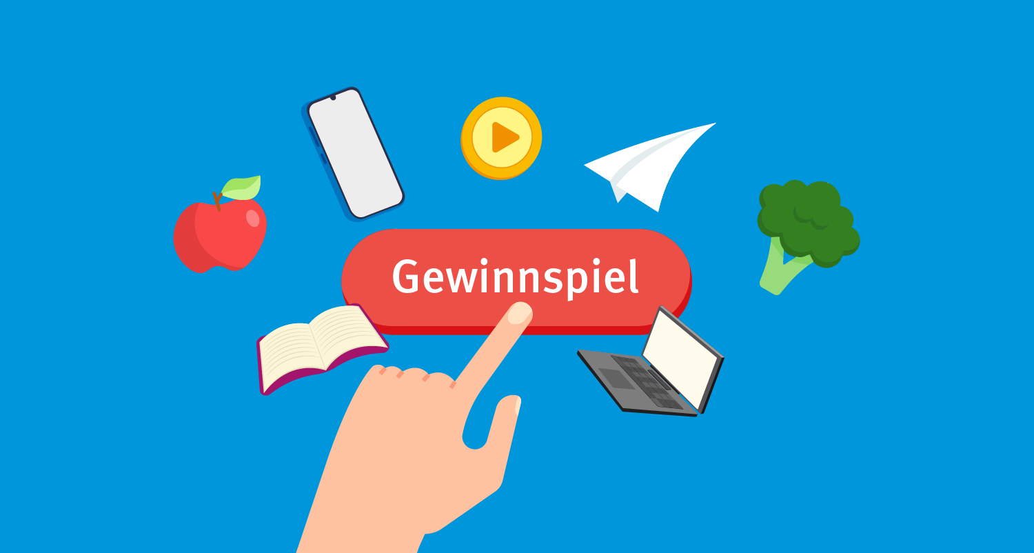 Illustration: Eine Hand mit ausgestrecktem Zeigefinger drück auf einen Knopf, auf dem "Gewinnspiel" geschrieben steht.