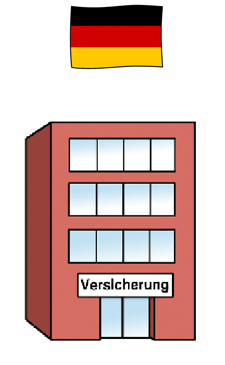 Illustration: Ein Bürogebäude mit einer Deutschland-Flagge darüber. Auf dem Gebäude steht: "Versicherung"