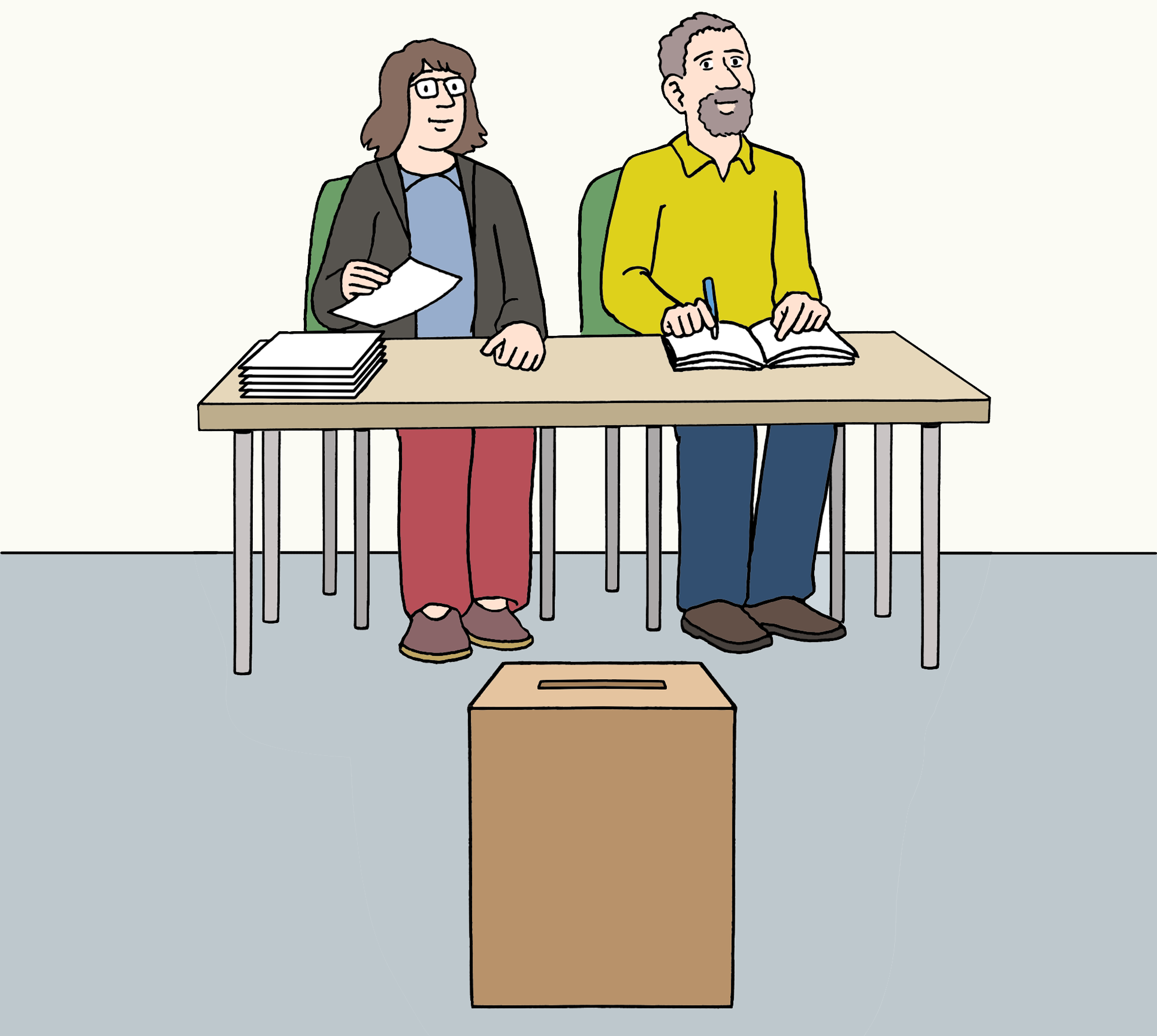 Illustration von zwei Personen an einem Tisch mit Wahlunterlagen