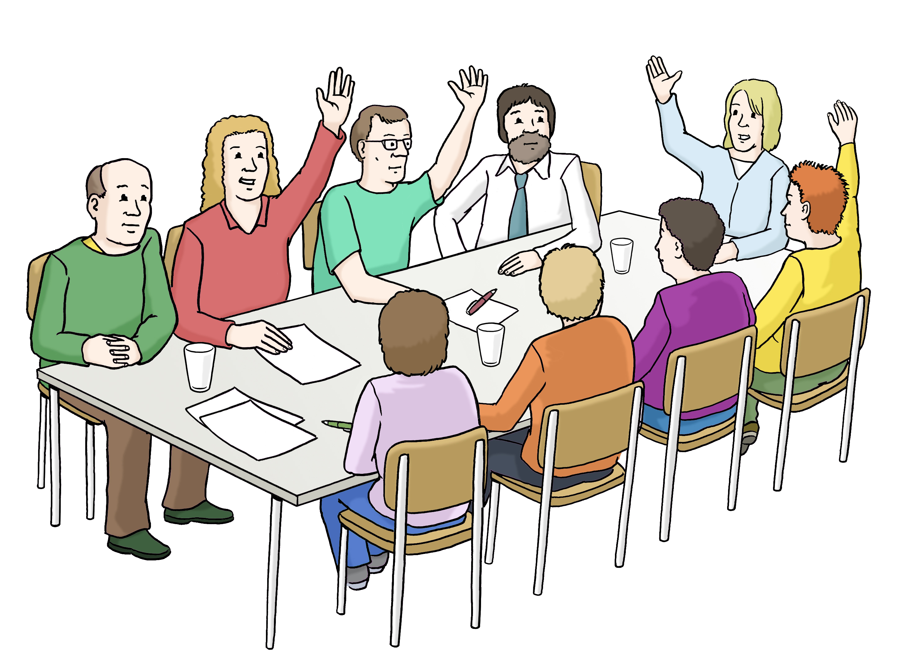 Eine Gruppe von acht Menschen sitzen an einem Tisch. Die Personen sitzen sich gegenüber. Eine Person sitzt am Tischende. Die Personen stimmen über etwas ab. Fünf Personen haben die Hände gehoben.