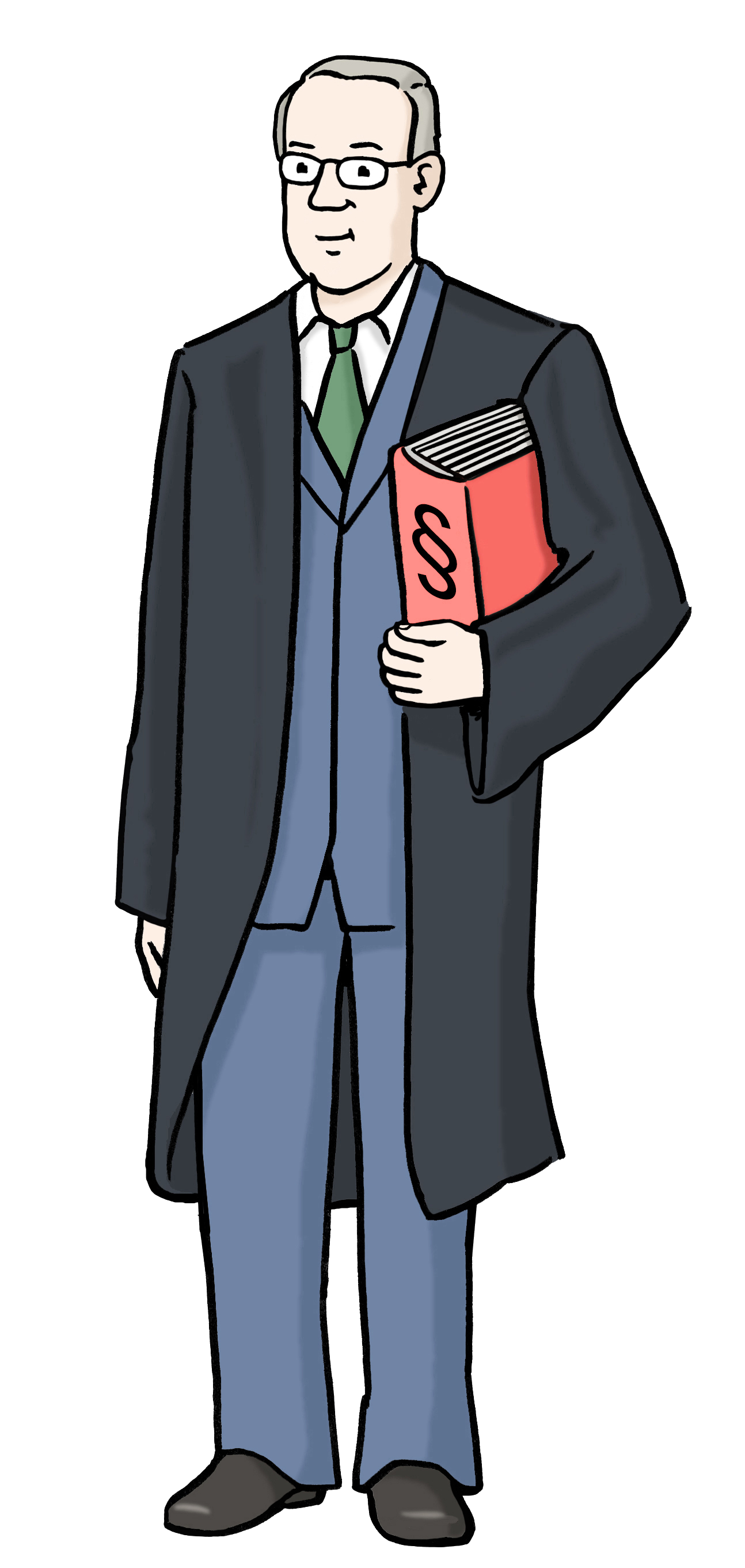 Illustration: Ein Rechtsanwalt mit Robe und Gesetzbuch.
