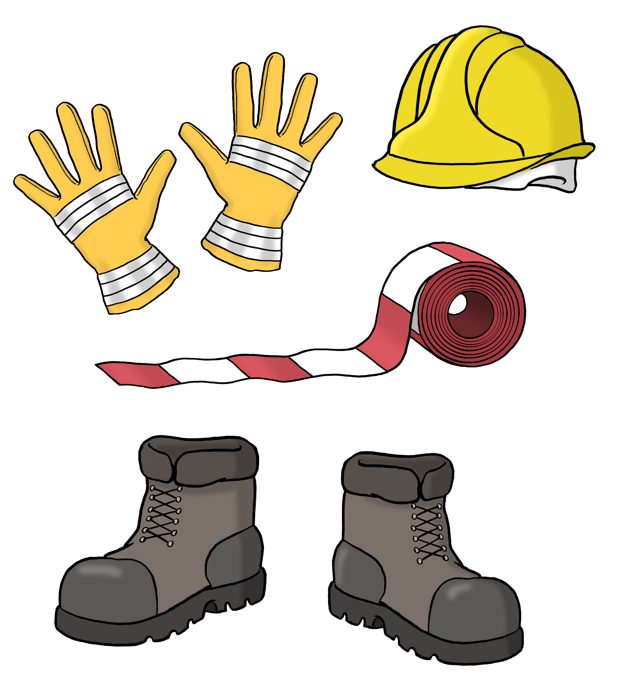 Arbeitsutensilien wie Handschuhe, Helm, Absperrband und Arbeitsschuhe. 