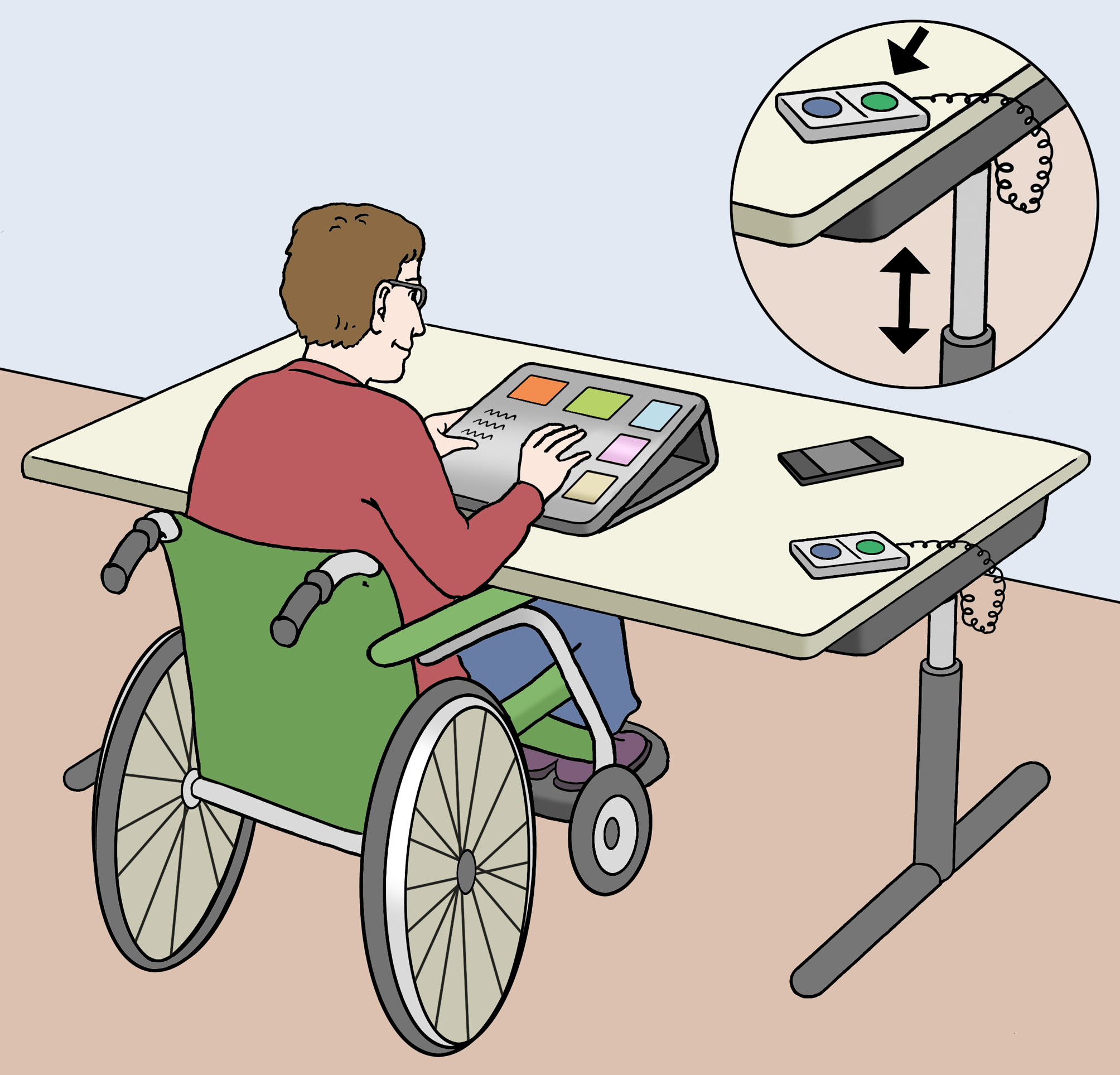 Illustration: Eine Person im Rollstuhl sitzt an einem höhenverstellbaren Schreibtisch.