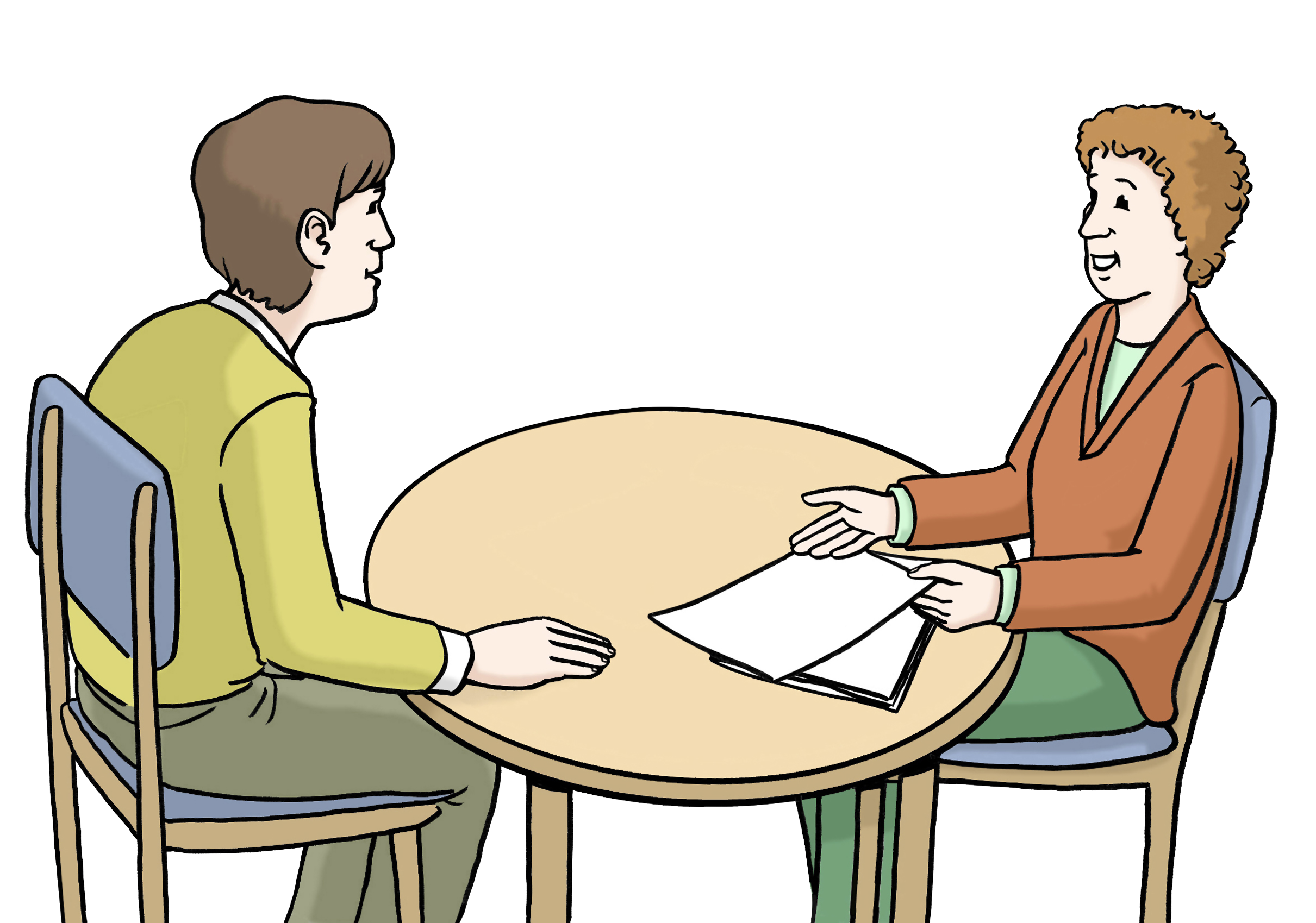 Zwei Personen sitzen sich an einem Tisch gegenüber. Vor der einen Person liegen Papierblätter. Die Personen reden miteinander.