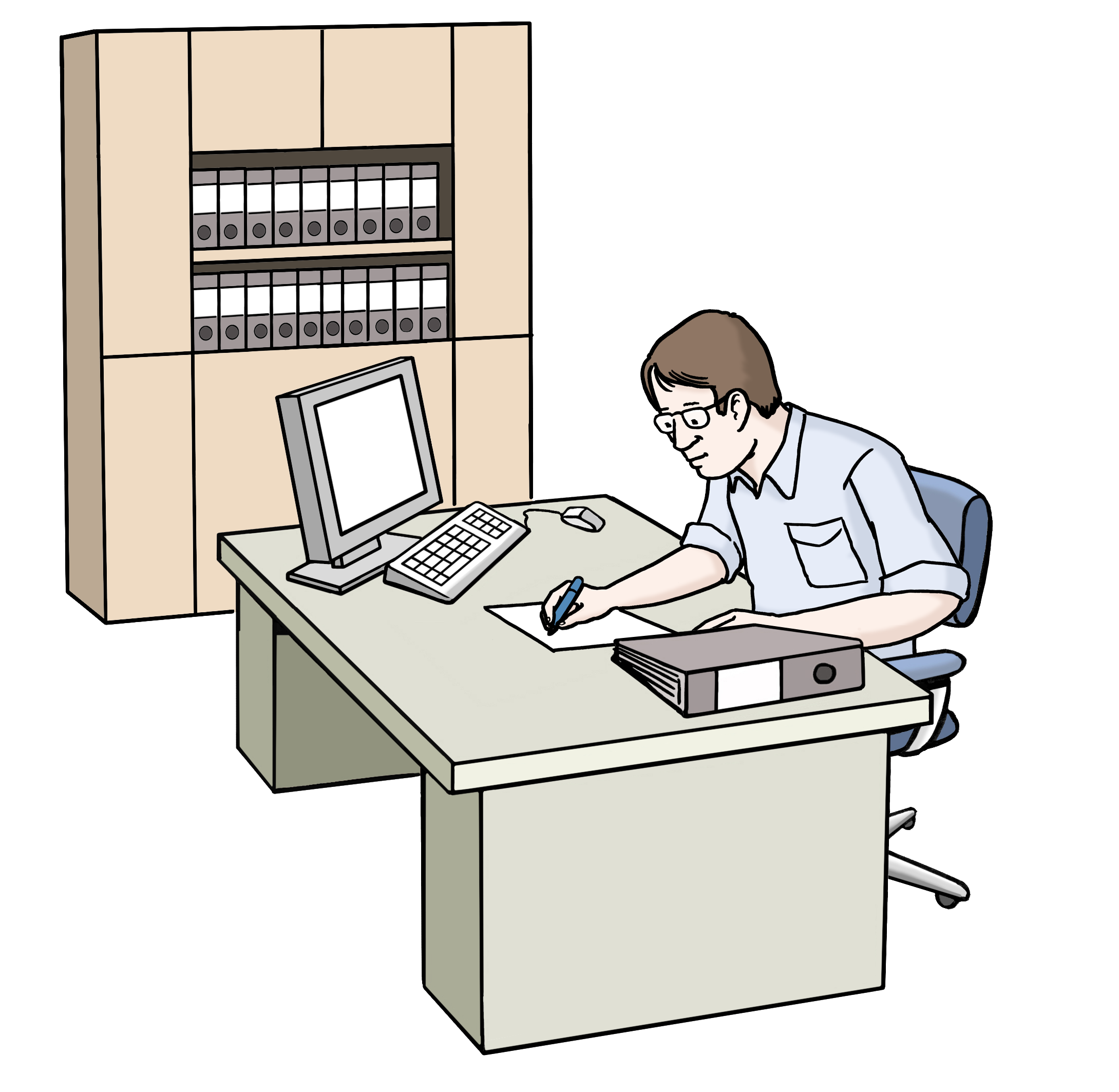 Ein mann sitzt an einem Schreibtisch in seinem Büro und arbeitet.