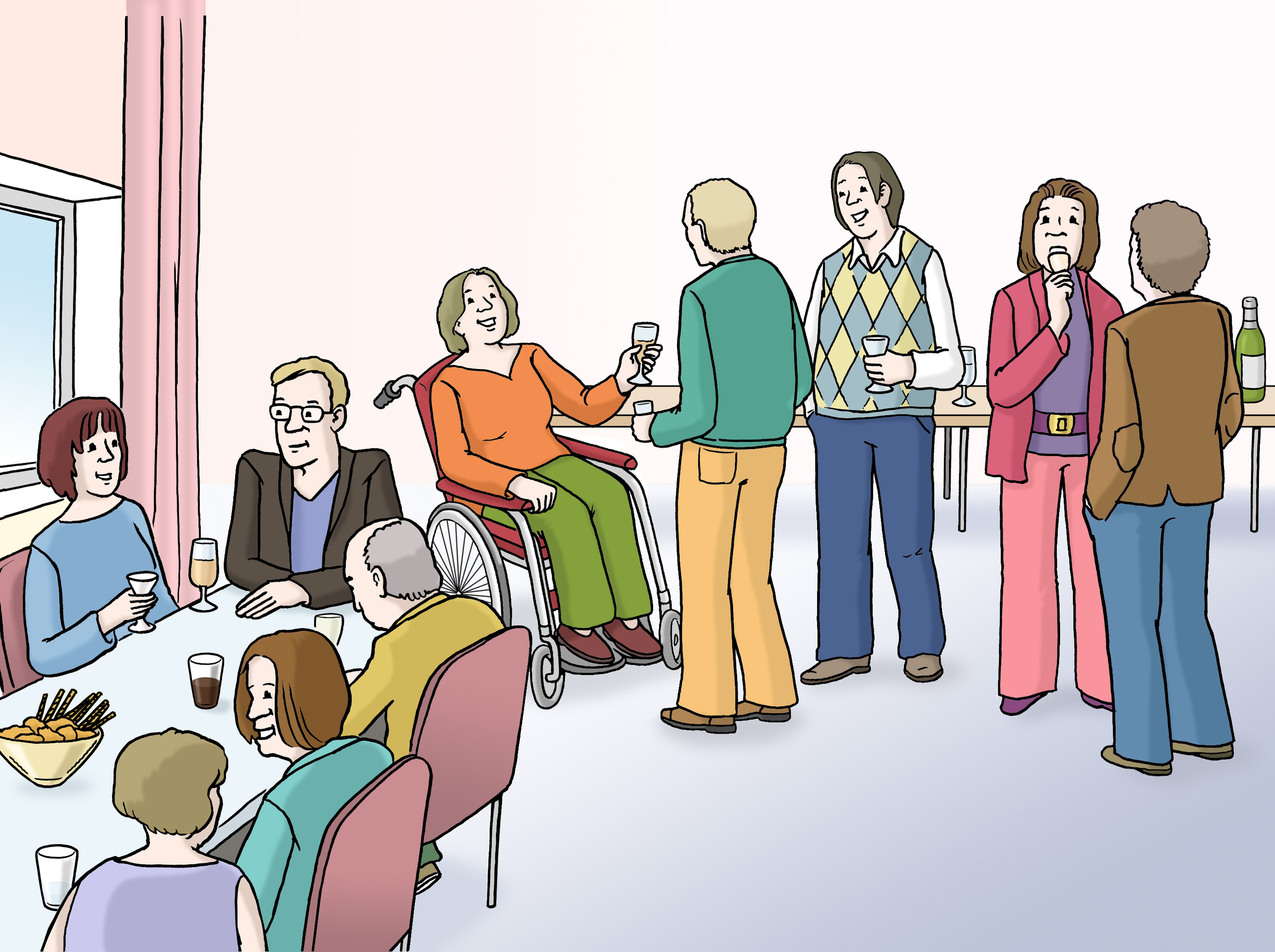 Eine Gruppe von Menschen ist in einem Raum versammelt, essend und trinkend an einer Tafel, stehend und sich unterhaltend. 