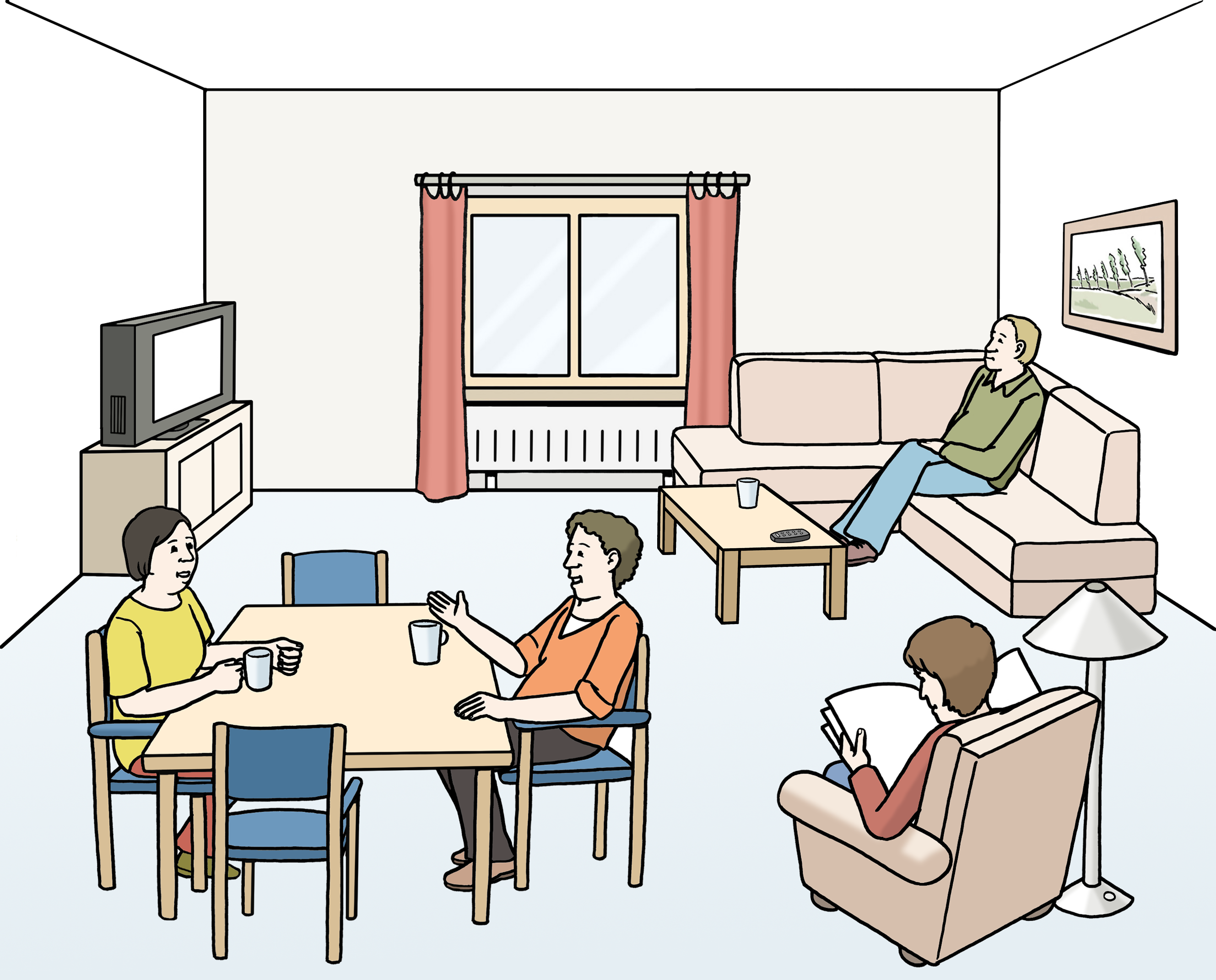 Vier Personen ein einem Wohnzimmer, Lesend, Fernsehend und sich unterhaltend. 