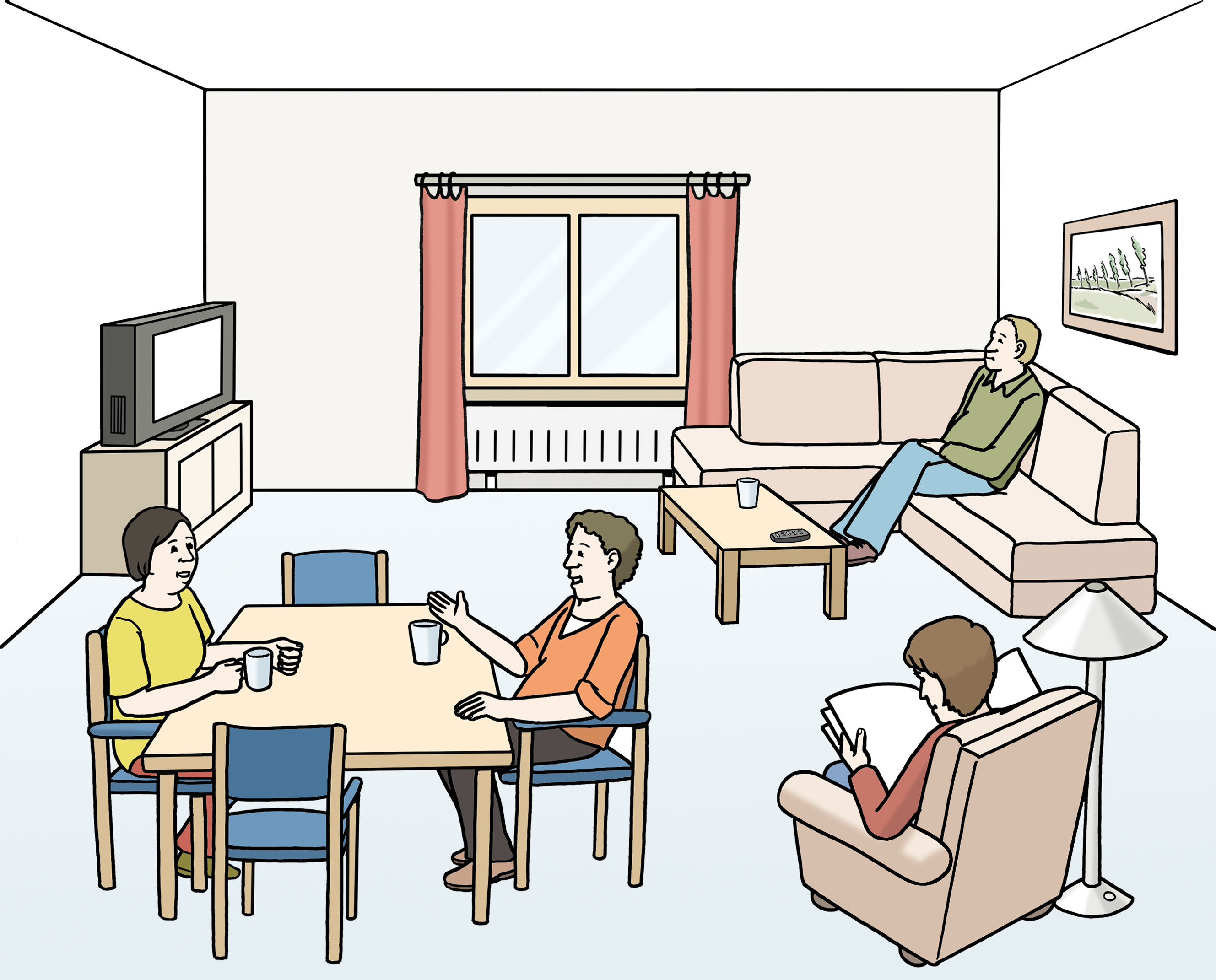 Vier Personen ein einem Wohnzimmer, Lesend, Fernsehend und sich unterhaltend.