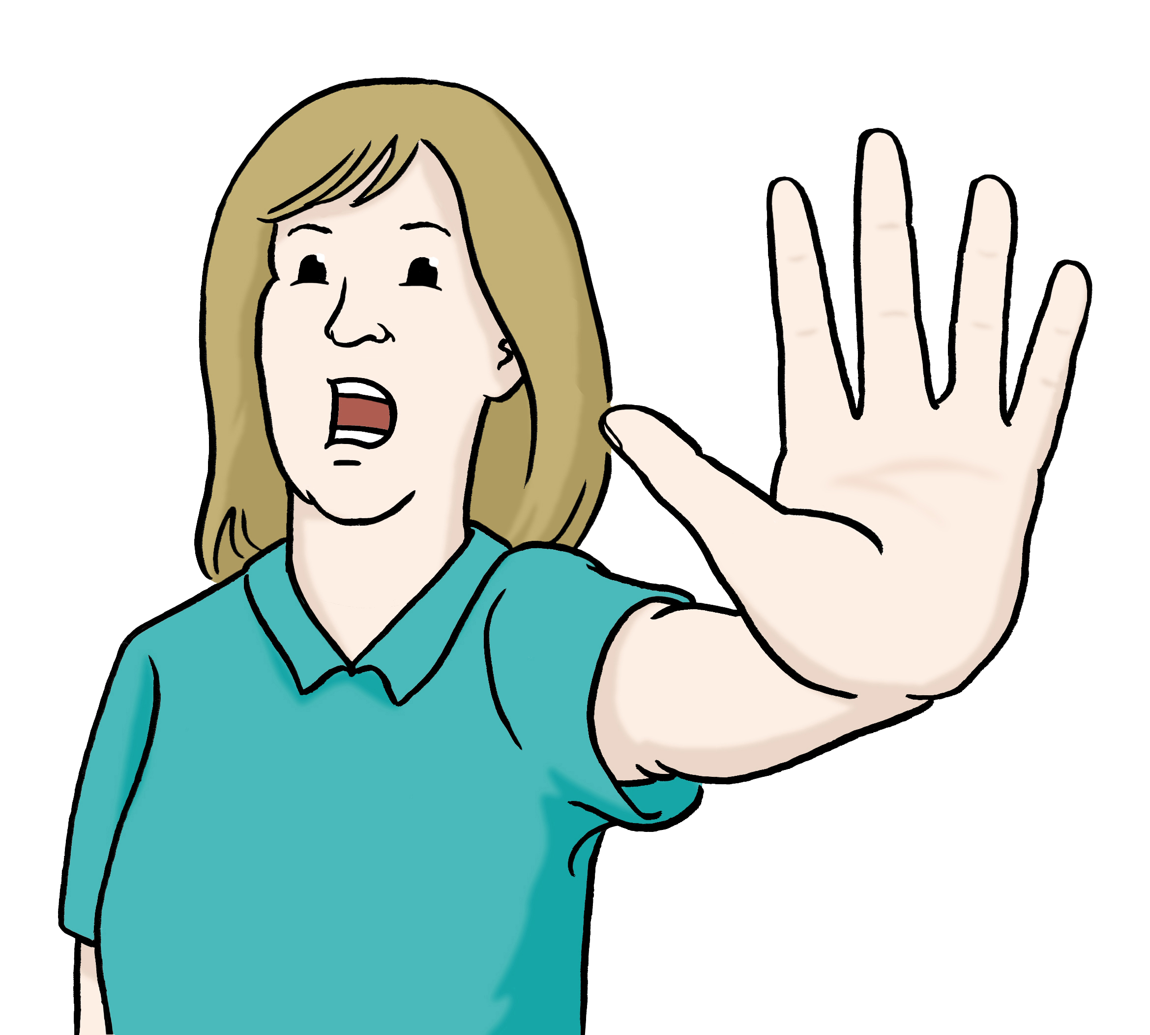 Eine Frau Strecke ihre Hand nach vorne und spricht dazu.