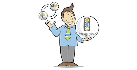 Illustration: Ein Mann mit bunter Krawatte und hellblauem Hemd jongliert drei Kugeln. In der Größten davon ist das Logo "Praxis-Info" zu sehen.