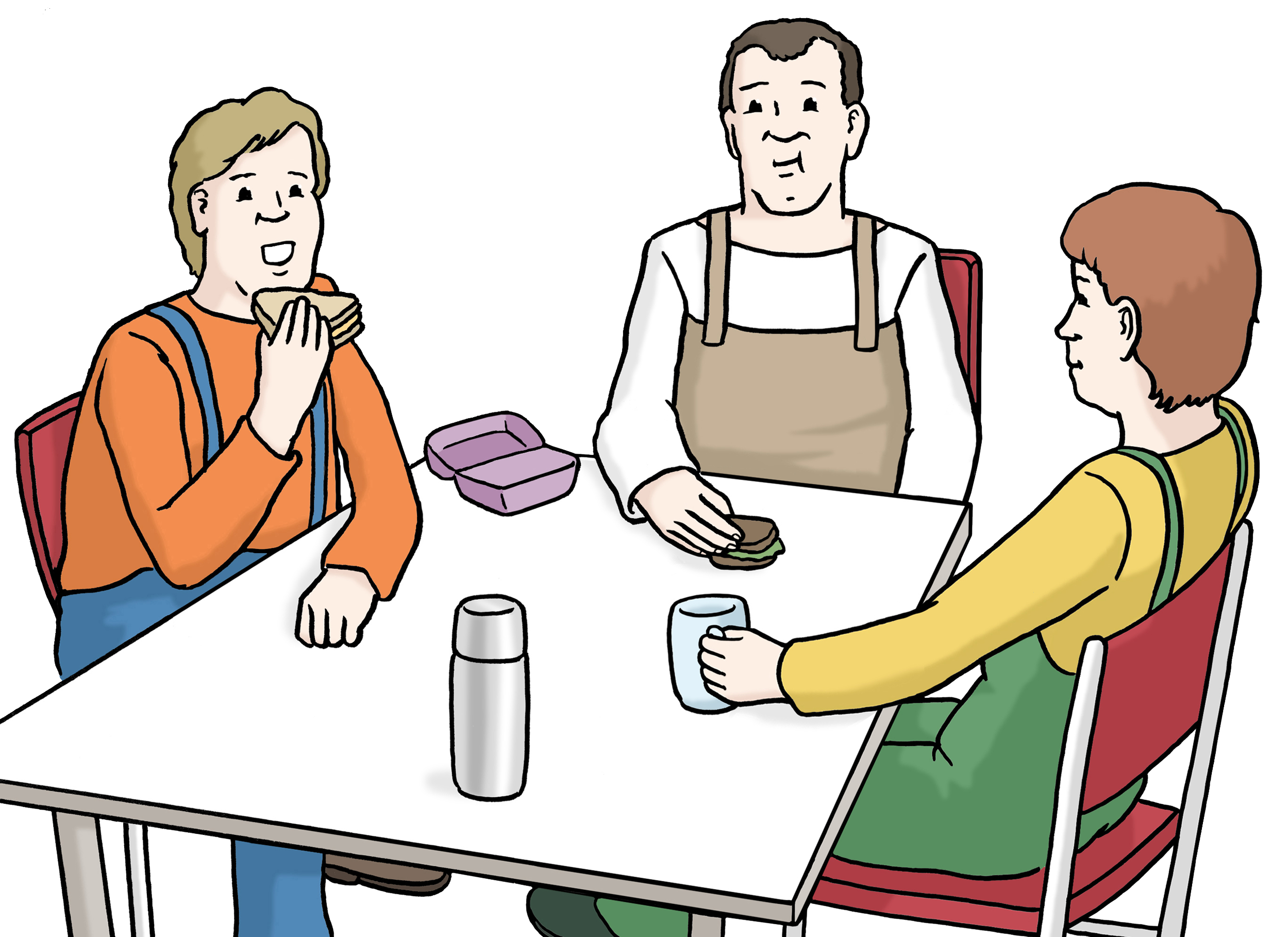 Drei Menschen am Tisch unterhalten sich