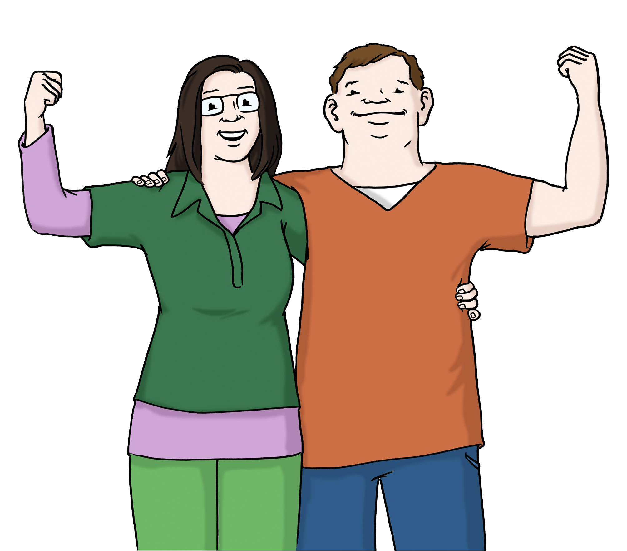 Illustration: Ein Mann und eine Frau stehen Arm in Arm nebeneinander. Sie recken die Fäuste siegreich in die Höhe.