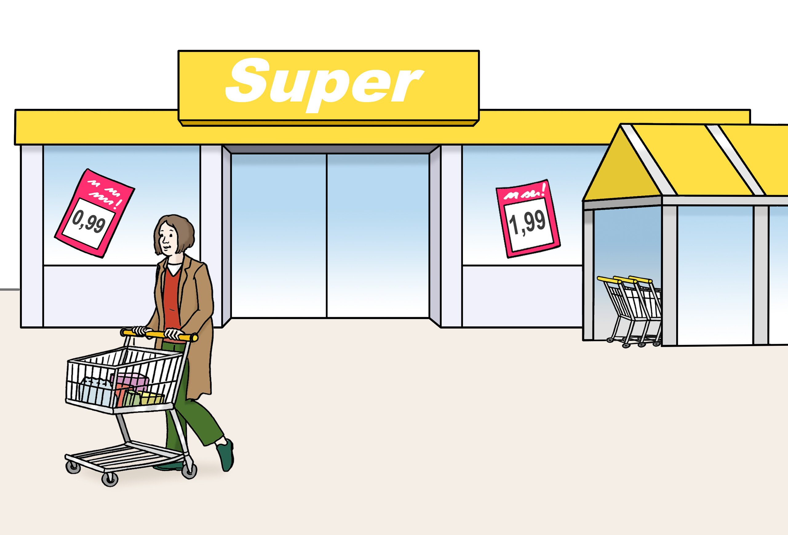 Illustration: Außenansicht eines Supermarkts. Davor ist eine Frau mit Einkaufswagen zu sehen.